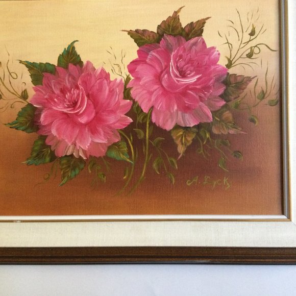 Original painting of two pink flowers on canvas framed signed wall hanging - Picture 5 of 7
